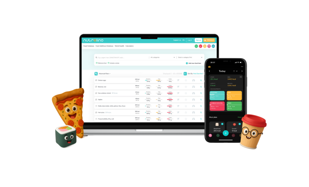 Nutrelino web and mobile app overview – calorie tracking, food database, and personalized meal plans.