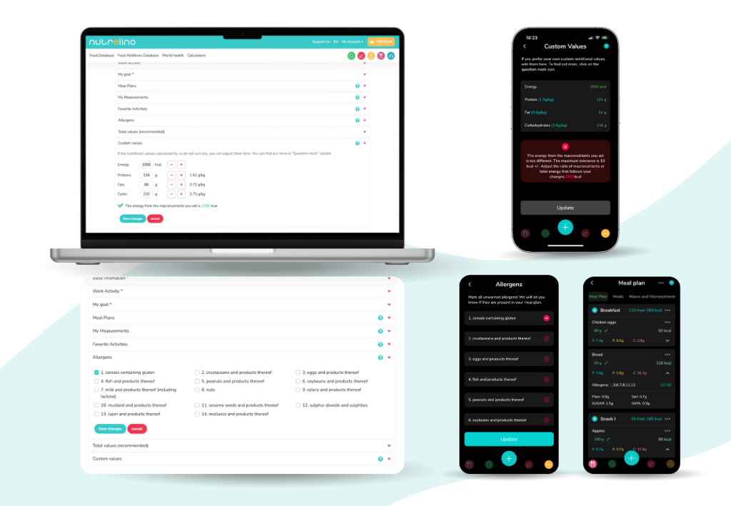 Nutrelino custom values and allergen settings – personalized macros, energy goals, and allergy filters.