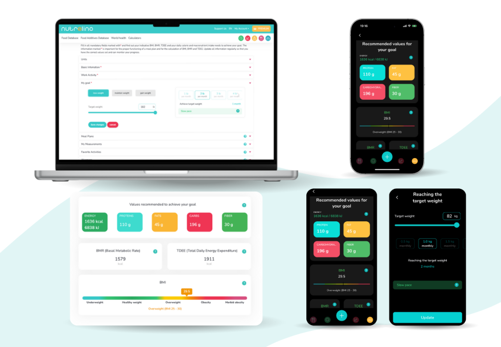 Nutrelino personal settings – goal setup, target weight, and progress tracking tools.